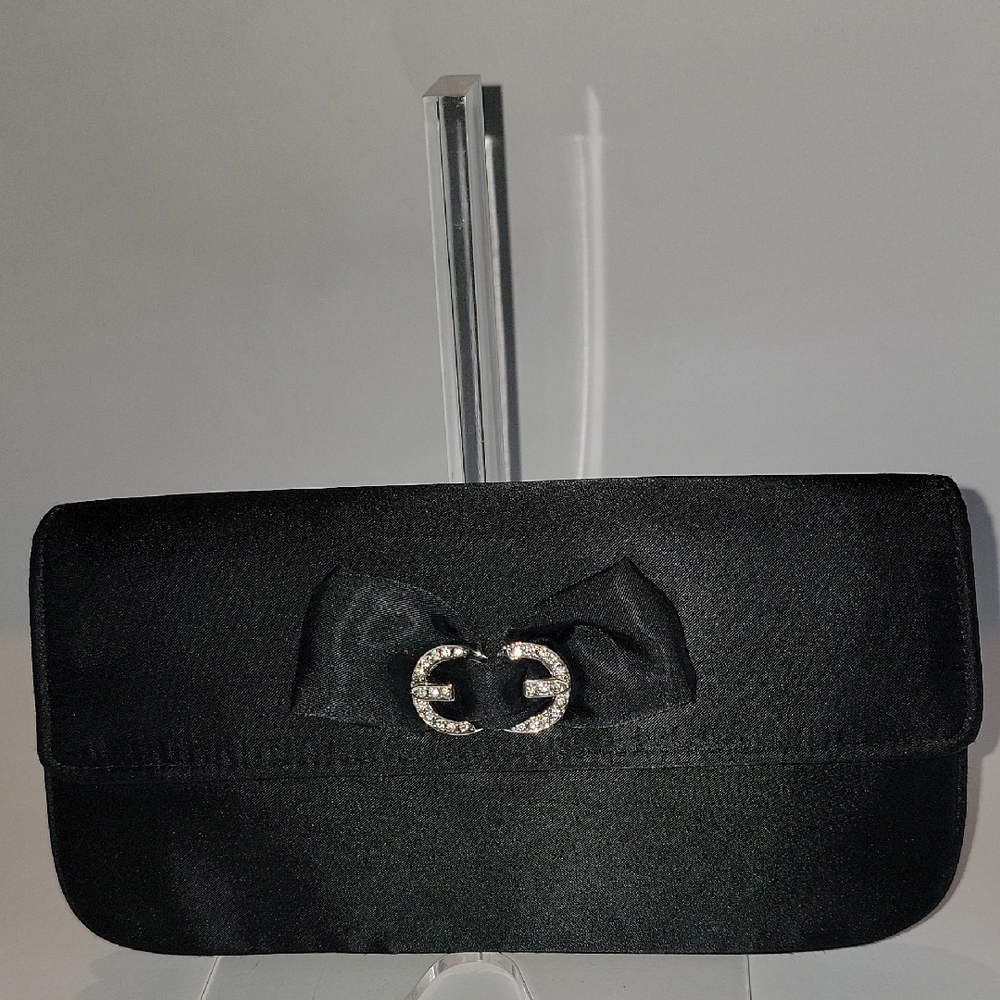 PRESTON AND YORK BLACK SATIN CLUTCH/SHOULDER BAG WITH BOW BUCKLE